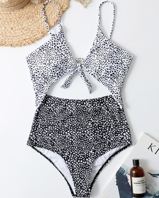 Polka-Dot Tankini Hollow Knotted One-Piece Swimwear