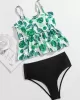 Spaghetti-Neck Monstera Ceriman High-Waisted Split Tankini Swimsuit