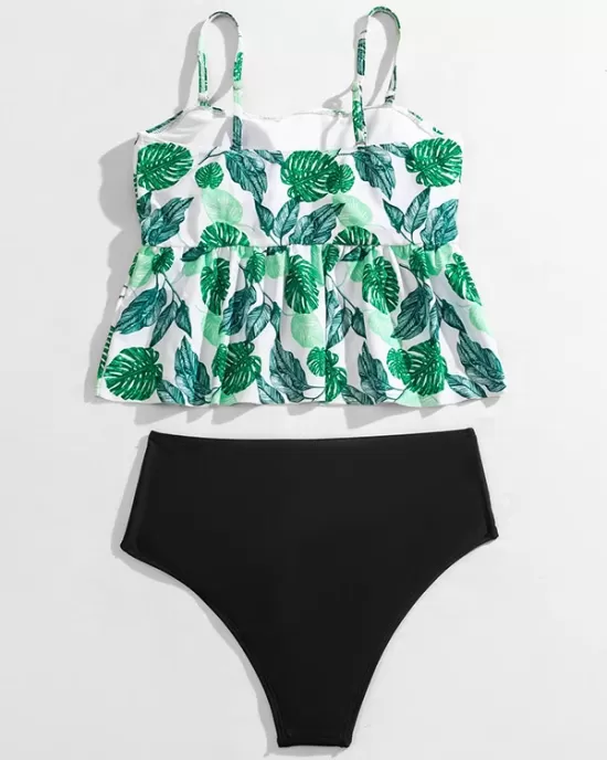 Spaghetti-Neck Monstera Ceriman High-Waisted Split Tankini Swimsuit