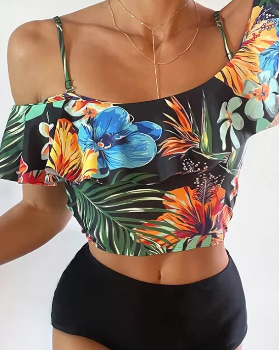 Off-The-Shoulder Floral Falbala Tank High-Waisted Bikini Swimwear