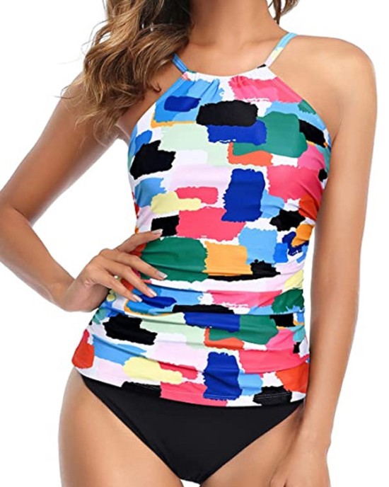 Floral Printed Halterneck High-Waisted Tankini Swimsuit