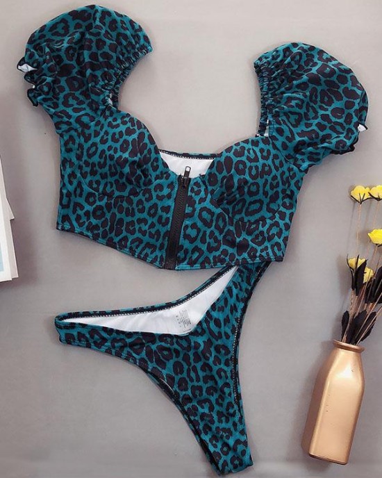 Leopard Print Zipper Short Sleeves Split Bikini Swimsuit