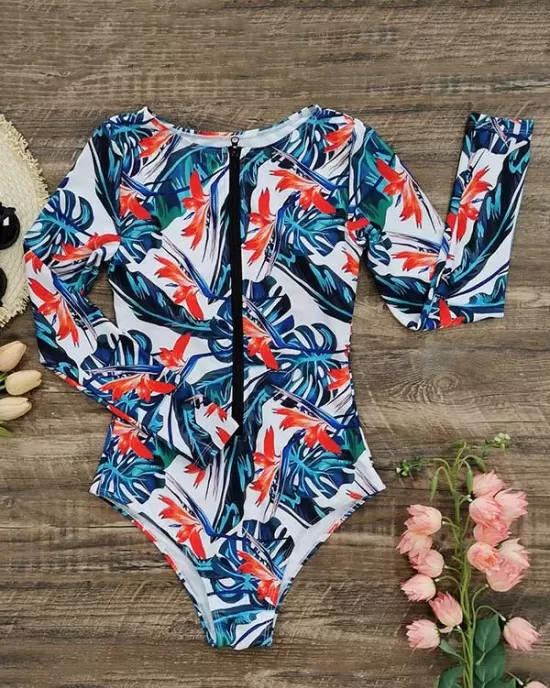 Fashion Floral Print Zipper Sexy  One-Piece Wetsuit Swimwear