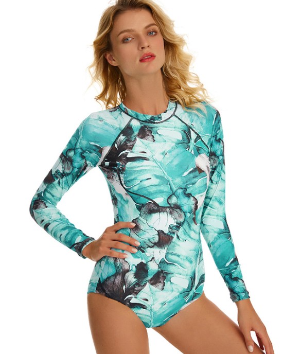 Floral Printed Ink Style Long Sleeves Zipper One-Piece Wetsuits