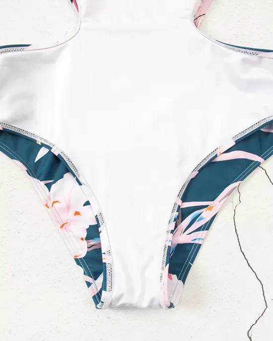 Monokini Long Sleeve Contrast Color Floral Zipper Rash Guard