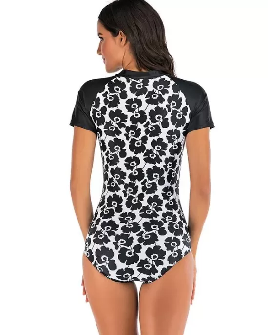 Floral-Print Split-Joint Short Sleeve Wetsuit