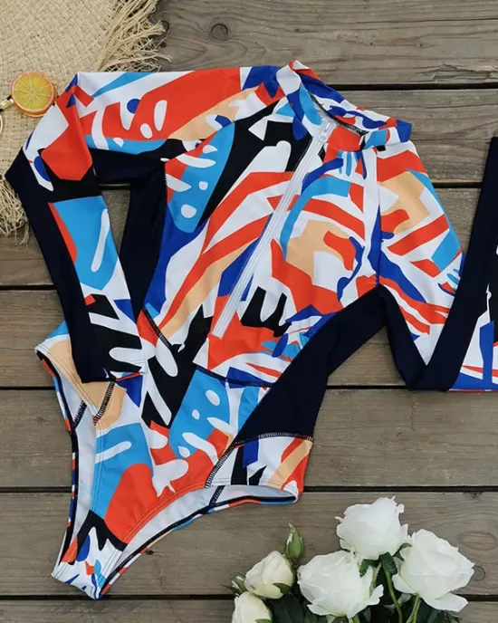 Long Sleeves Zipper Abstract Printed One-Piece Wetsuit