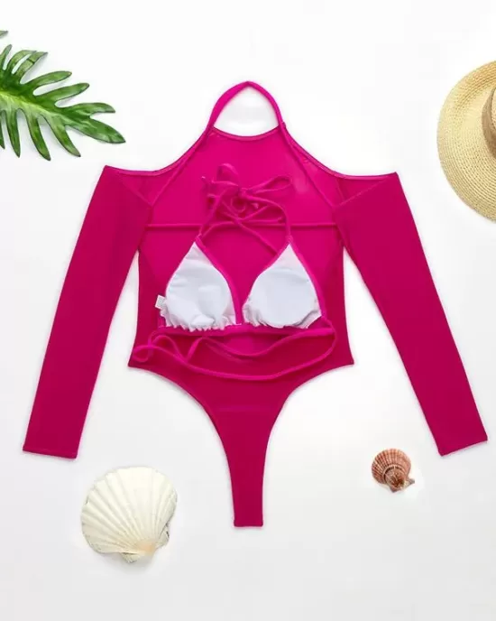 Solid Color See-Through Gauze Wetsuits+Triangles Swim Top