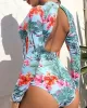 Long Sleeve Floral Print Backless One-Piece Wetsuit Swimwear