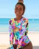 Tropical Print Long Sleeve Padded Backless Sexy One-Piece Wetsuit Swimwear