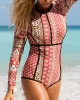 Long Sleeve Ethnic Print Round-Neck Zipper Wetsuit