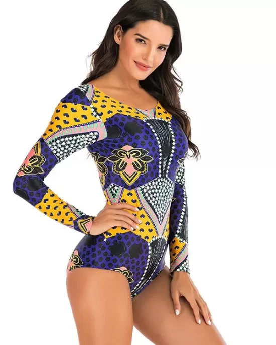 Ethnic Print Long Sleeves Split Wetsuit