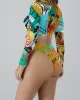 Long Sleeve Print Zipper Wetsuit High-Waisted Split Rash Guards