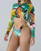 Long Sleeve Print Zipper Wetsuit High-Waisted Split Rash Guards