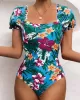 Square-Neck Puff Sleeves Floral Sexy Slim Fashin One-Piece Wetsuit Swimwear