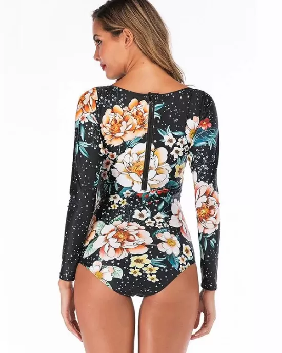 Floral Printed Zipper One Piece Wetsuit