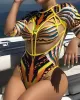 African Totem Print Split-Joint Hollow One-Piece Swimwear