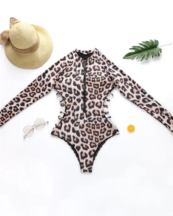 Animal Print High-Neck Zipper Long Sleeve One-Piece Wetsuit