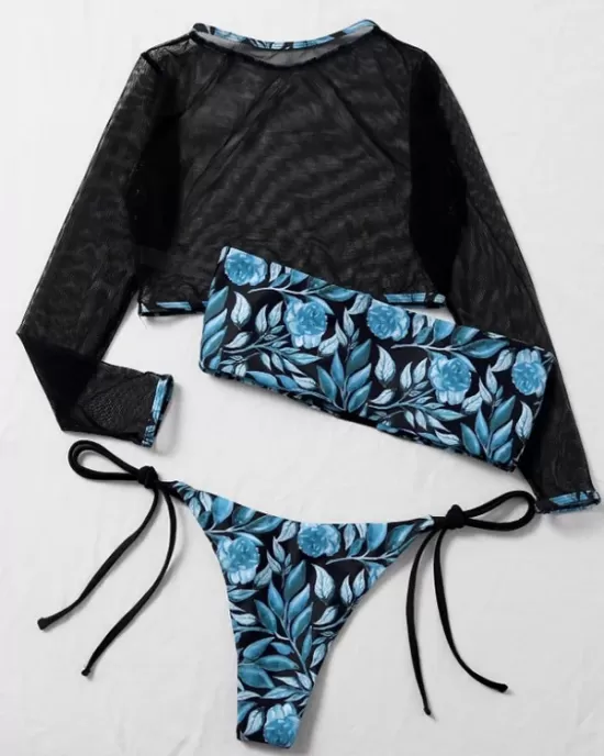 Floral-Print Bandeau Tie Side Long Sleeve Cover-Ups Swimwear