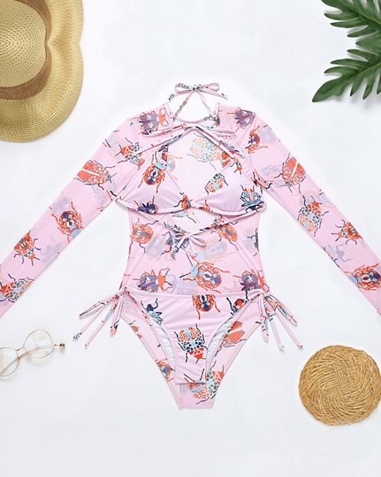 Long Sleeve Floral Mesh Three Pieces Bikini Swimwear