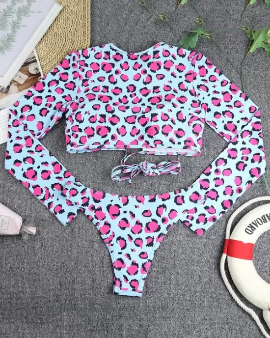 Sexy Leopard Bandage Padded Hipster Long Sleeve Wetsuit Swimwear