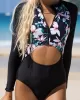 Long-Sleeves Hollow Floral Printed One-Piece Wetsuit