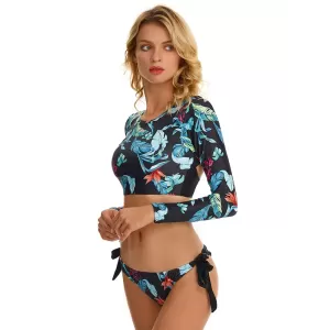 Floral Printed Long Sleeves Backless Bandage Split Wetsuits