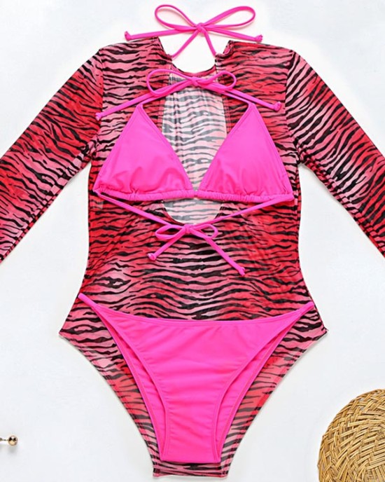 Long Sleeve Zebra Print Mesh Bikini Wetsuit Swimwear