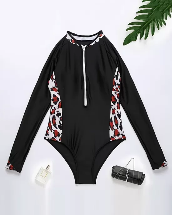 Long Sleeve Color-Block Leopard Print Zipper Wetsuit