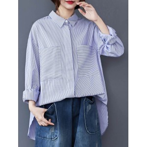 Loose Casual Striped Split-Joint With Pocket Lapel Collar Long Sleeves Blouse