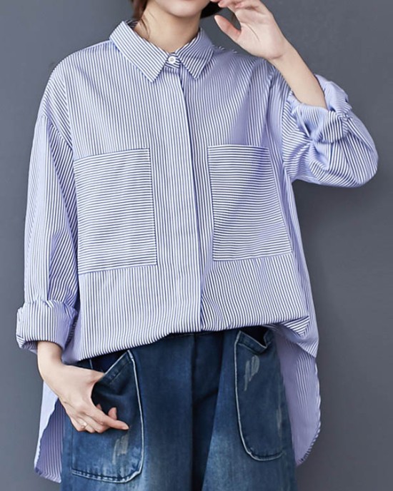 Loose Casual Striped Split-Joint With Pocket Lapel Collar Long Sleeves Blouse