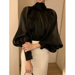 Urban Black&White Puff Sleeves High-Neck Blouse