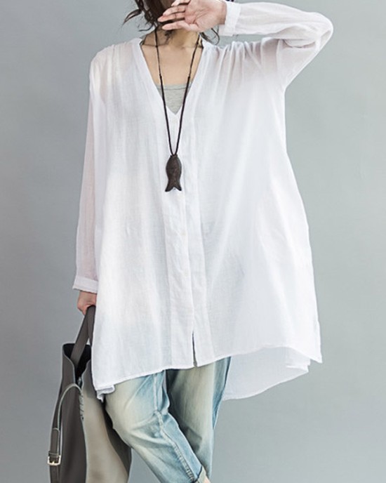 Original Solid Sun-Protection V-Neck Blouse Tops