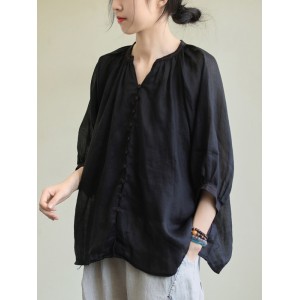 Black&Pink High-Low Half Sleeve Ramie Cotton Loose Shirt