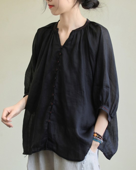 Black&Pink High-Low Half Sleeve Ramie Cotton Loose Shirt