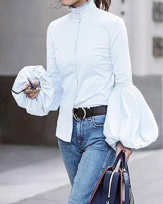 Urban Solid Color Stand Collar Puff Sleeves Blouse