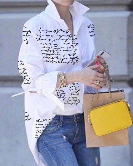 Original Loose Letter Printed White Blouse Top