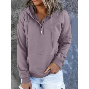 Drawstring Pockets Split-Joint Long Sleeves Loose Hooded Hoodies Tops