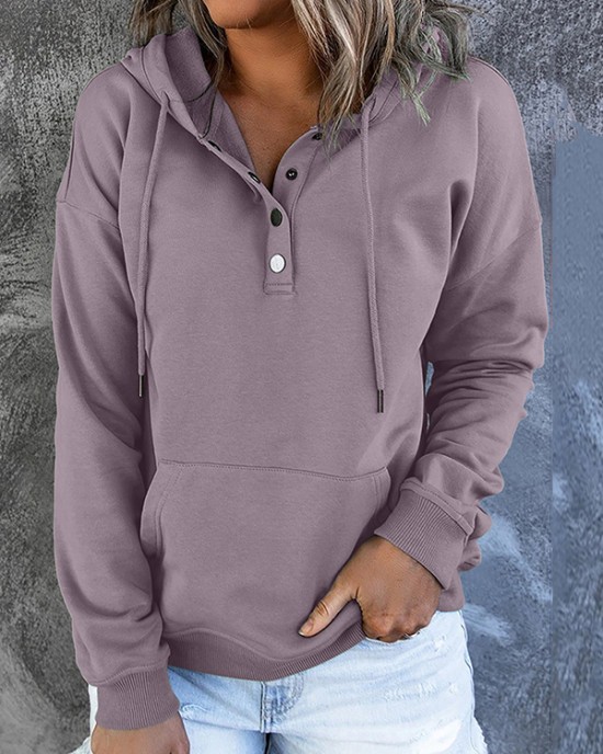 Drawstring Pockets Split-Joint Long Sleeves Loose Hooded Hoodies Tops