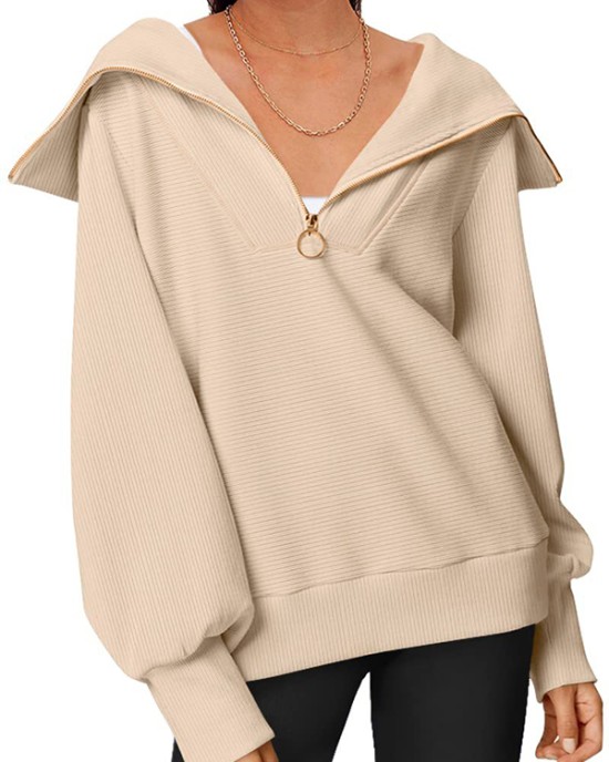 Solid Color Zipper Long Sleeves Loose Lapel Sweatshirt Tops