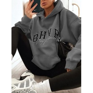 Keep Warm Letter Print Velvet Long Sleeves Loose Hooded Hoodies Tops