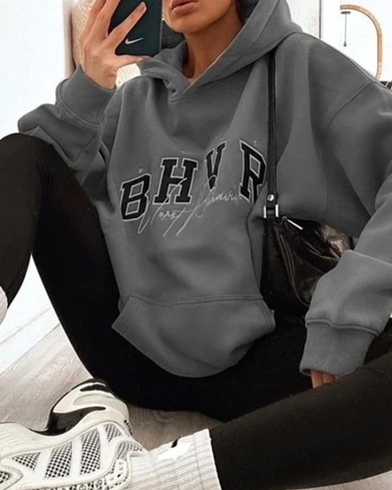 Keep Warm Letter Print Velvet Long Sleeves Loose Hooded Hoodies Tops