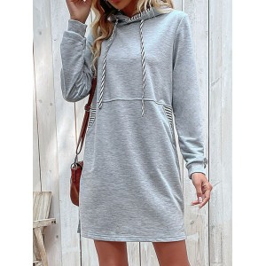 Drawstring Pockets A-line Long Sleeves Hooded Mini Dresses Hoodies Tops