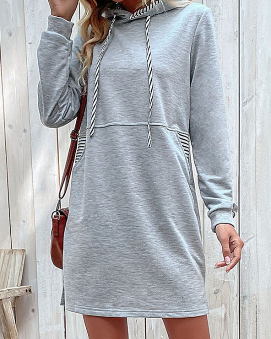 Drawstring Pockets A-line Long Sleeves Hooded Mini Dresses Hoodies Tops