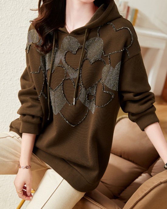 Drawstring Heart Print Rhine Stones Velvet Long Sleeves Loose Hoodies Tops