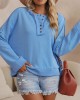 Buttoned Split-Joint Velvet Hooded Long Sleeves Sweatshirt Tops