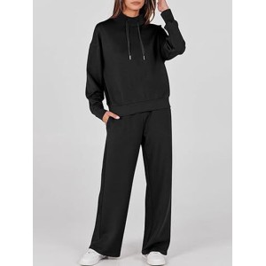 Drawstring Split-Joint High Waisted Long Sleeves Sweatshirt + Pants/Trousers Two Pieces Set