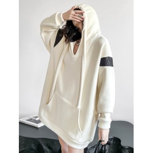 Contrast Color Drawstring Pockets Velvet Long Sleeves Loose Hoodies Tops