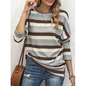 Split-side Striped Long Sleeves Loose Round-neck Sweatshirt Tops