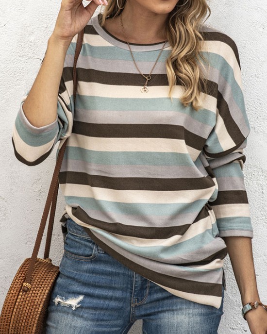 Split-side Striped Long Sleeves Loose Round-neck Sweatshirt Tops